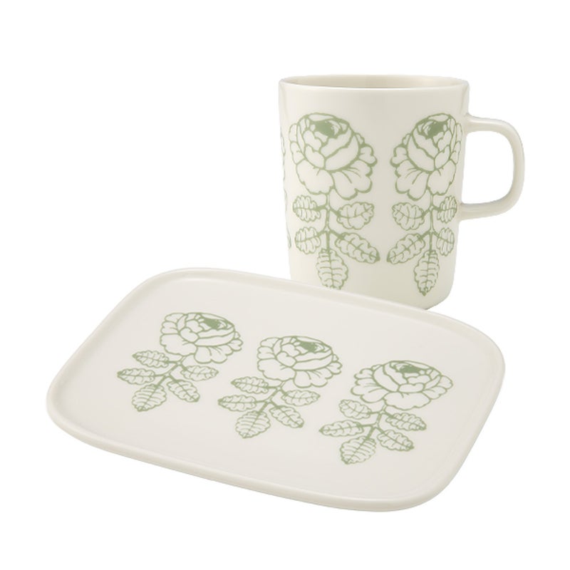 マリメッコ（marimekko） Vihkiruusu ヴィヒキルース／ウェディングローズ 2点セット マグカップ 250ml ＆ プレート15.5×12.5cm ホワイト×セージ