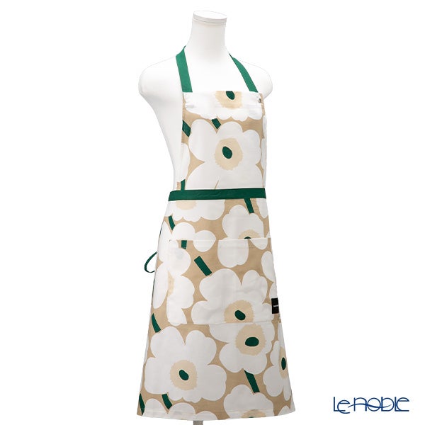 マリメッコ（marimekko） Pieni Unikko ピエニ ウニッコ エプロン サンド×ホワイト×エメラルド 着丈84×身幅83cm コットン 075948-867／26AW