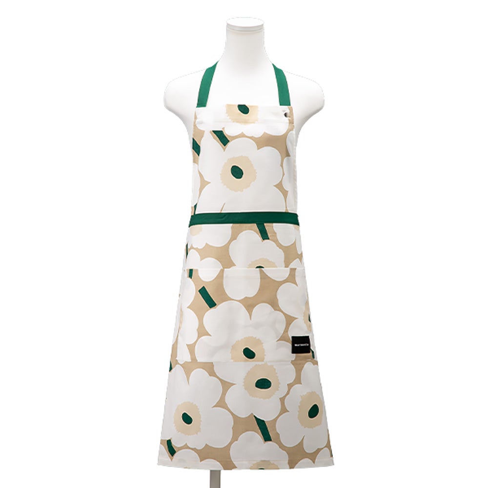マリメッコ（marimekko） Pieni Unikko ピエニ ウニッコ エプロン サンド×ホワイト×エメラルド 着丈84×身幅83cm コットン 075948-867／26AW