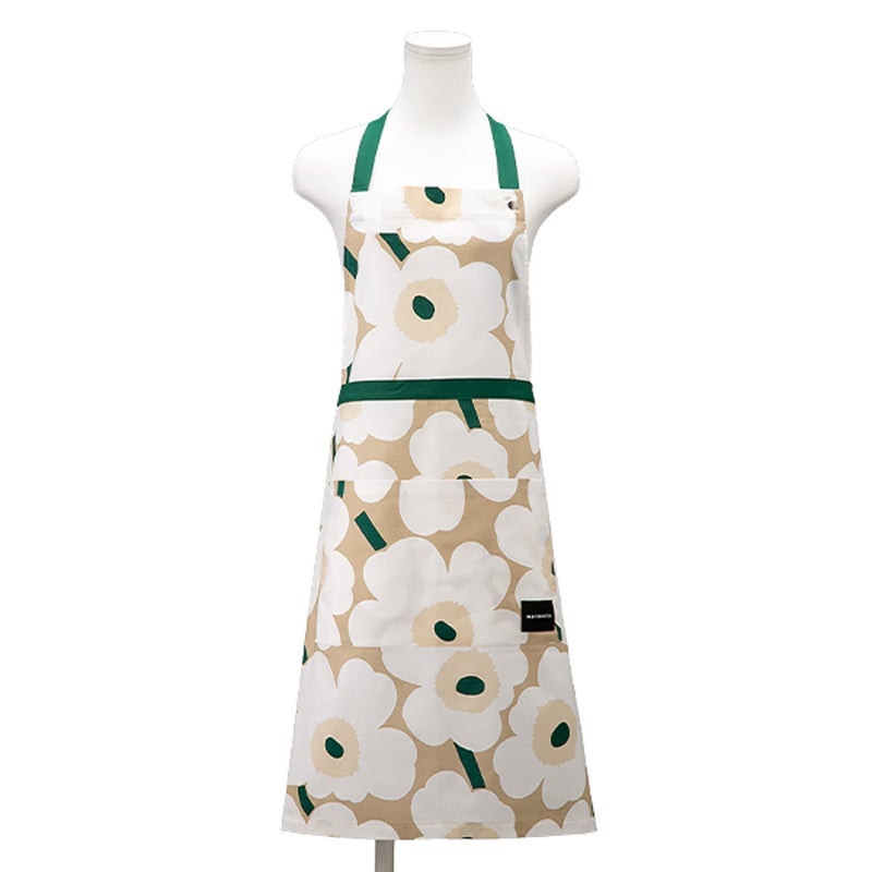 マリメッコ（marimekko） Pieni Unikko ピエニ ウニッコ エプロン サンド×ホワイト×エメラルド 着丈84×身幅83cm コットン 075948-867／26AW