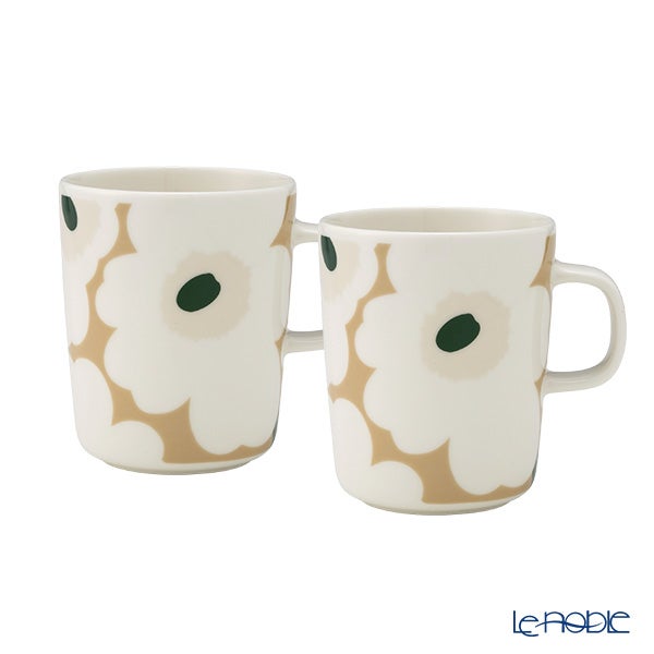マリメッコ（marimekko） Unikko ウニッコ／けしの花 マグカップ 250ml ホワイト×ベージュ×ダークグリーン ペア