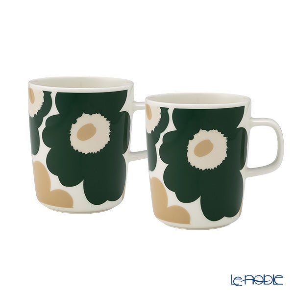 マリメッコ（marimekko） Unikko ウニッコ／けしの花 マグカップ 250ml ホワイト×ダークグリーン×ベージュ ペア