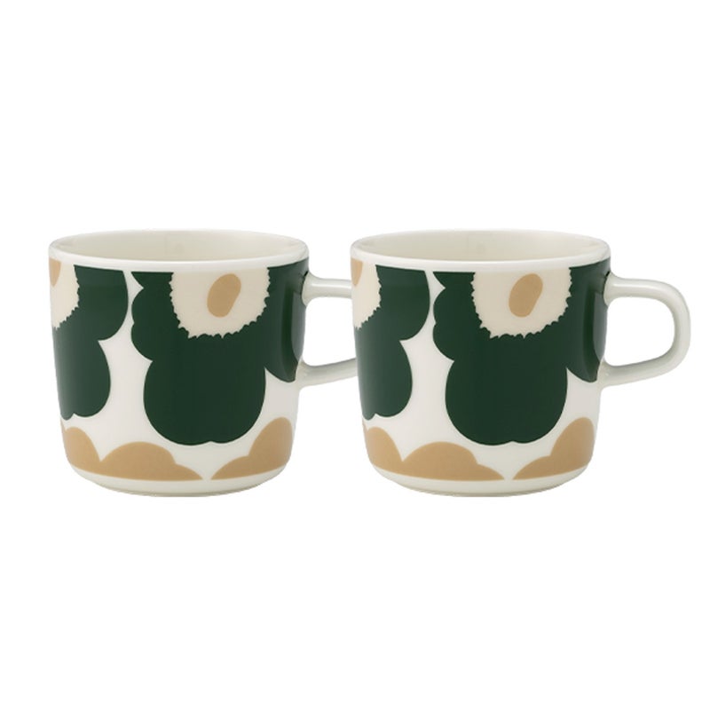 マリメッコ（marimekko） Unikko ウニッコ／けしの花 コーヒーカップ 200ml ホワイト×ダークグリーン×ベージュ ペア