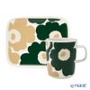マリメッコ（marimekko） Unikko ウニッコ／けしの花 2点セット マグカップ 250ml ＆ プレート15.5×12.5cm ホワイト×ダークグリーン×ベージュ