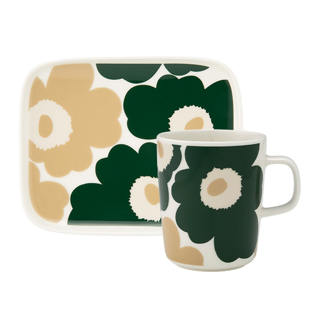 マリメッコ（marimekko） Unikko ウニッコ／けしの花 2点セット マグカップ 250ml ＆ プレート15.5×12.5cm ホワイト×ダークグリーン×ベージュ