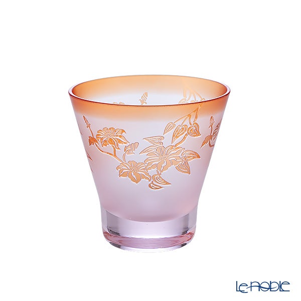 太武朗工房／タブロー 彫刻硝子 夢柄子 鉄線紋 高台オールドグラス ピンク／レッド 210ml 4367