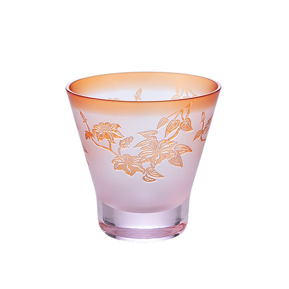 太武朗工房／タブロー 彫刻硝子 夢柄子 鉄線紋 高台オールドグラス ピンク／レッド 210ml 4367