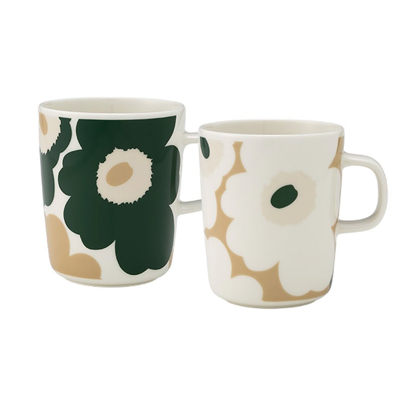 マリメッコ（marimekko） Unikko ウニッコ／けしの花 マグカップ 250ml ホワイト×ベージュ×ダークグリーン 色違いペア