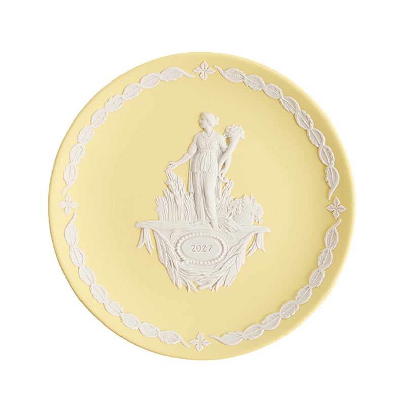 【9月24日より販売開始】ウェッジウッド（Wedgwood）ジャスパー カナリーイエロー イヤープレート 17cm デメテル 2027年／令和9年【プレートスタンド、プレートハンガー付き】